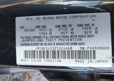 2009 Mazda Mazda3 S Touring z USA, uszkodzony, nr VIN JM1BK343391224668